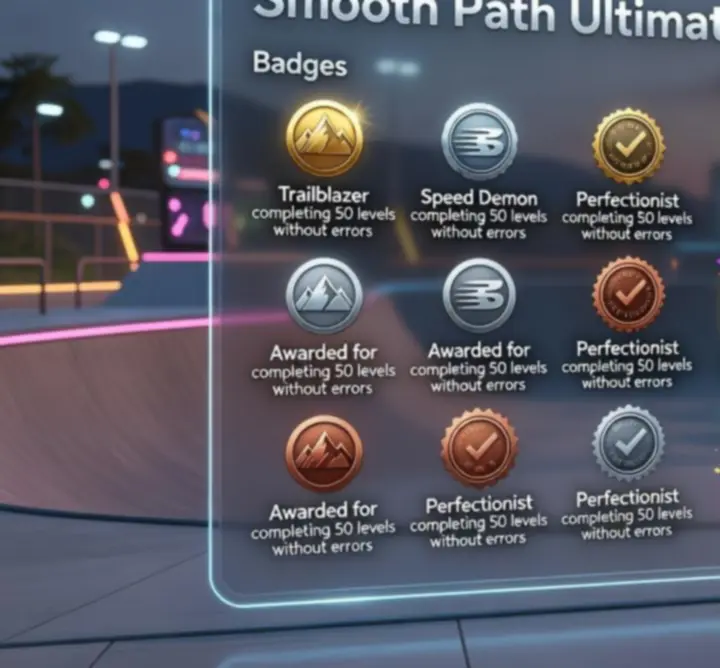 Panel systemu osiągnięć w SMOOTH PATH ULTIMATE prezentujący nagrody i odznaki